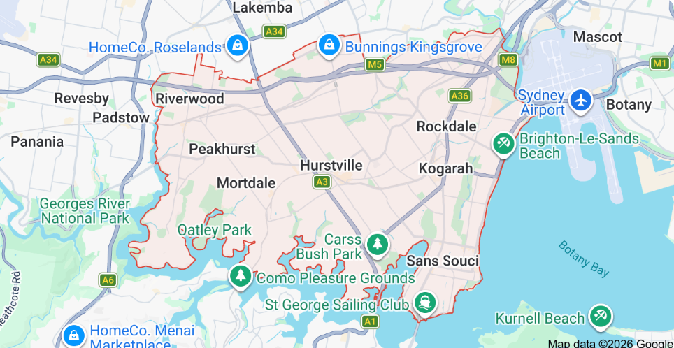 Map of the St George area in Sydney, showing suburbs including Rockdale, Kogarah, Hurstville, and surrounding areas